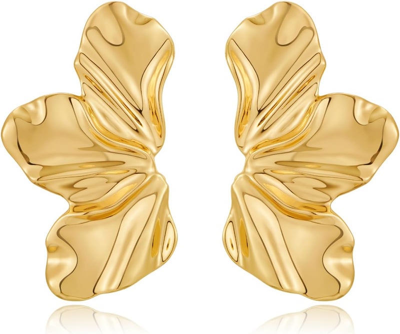 FAUTHENTICUTE Chunky Gold Statement Earrings For Women Gold Plated Sectored Flower Leaf Shell Angel Wing Earrings Large Stud Earrings Hypoallergenic Earrings - Image 1